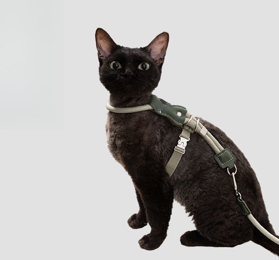Leather-Trim Rope Cat Harness and Leash - olive green